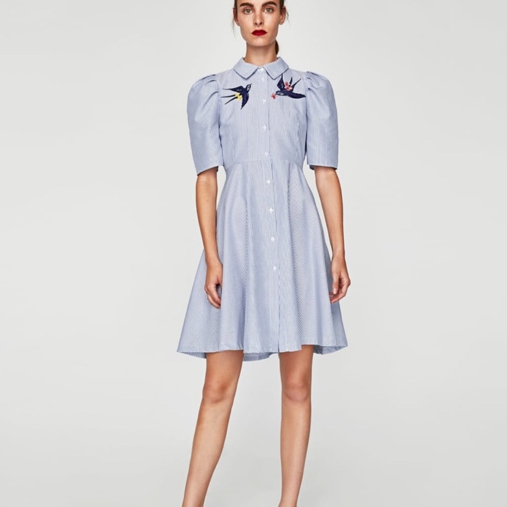 Zara Lapel Embroidery Bird button up shirt dress M